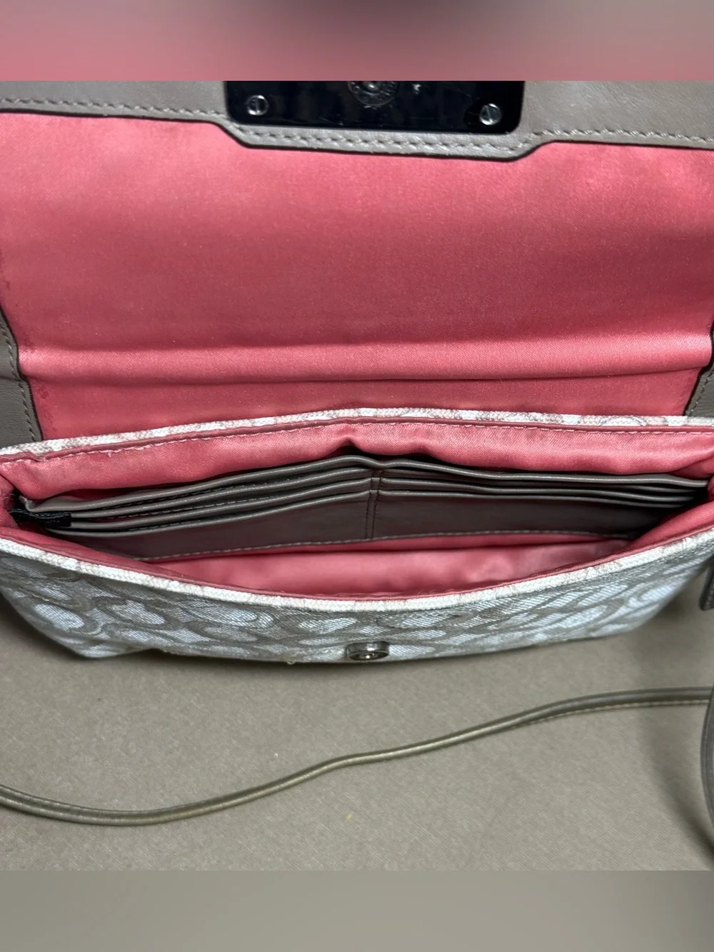 Coach White and Taupe Signature Crossbody with Metallic Accent